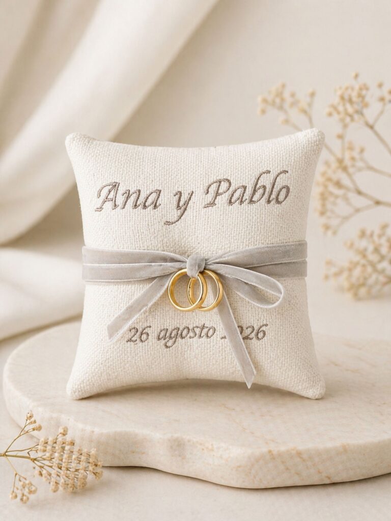 Cojín porta-alianzas bordado con los nombres Ana y Pablo y la fecha de la boda, con lazo para las alianzas
