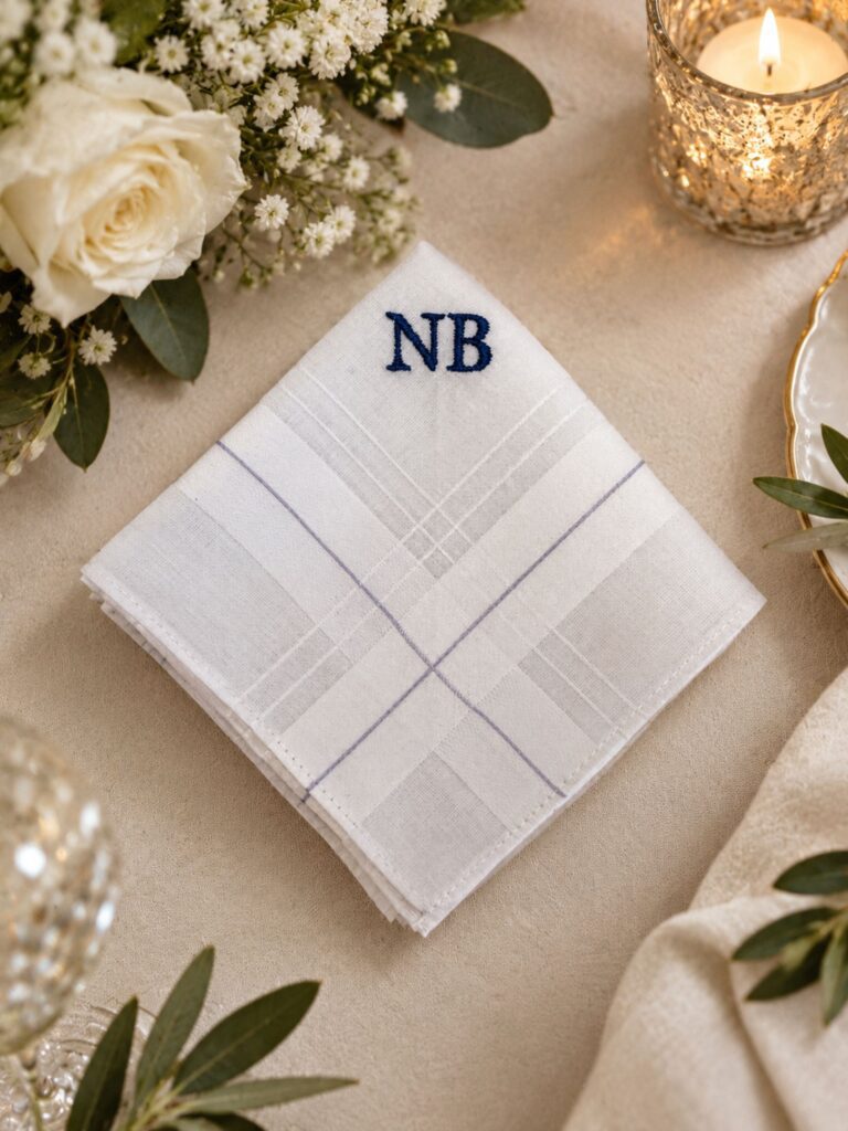 Pañuelo de algodón bordado con las iniciales NB en azul marino