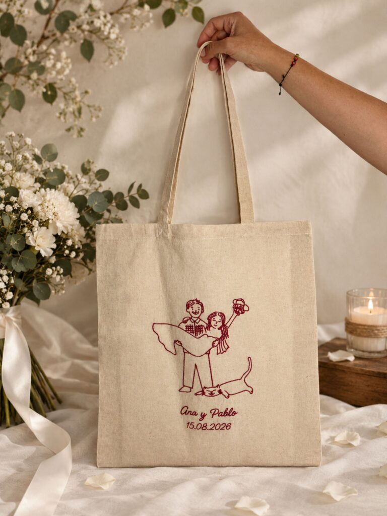 Tote bag bordada con un dibujo de los novios, sus nombres y la fecha de la boda, regalo para invitados